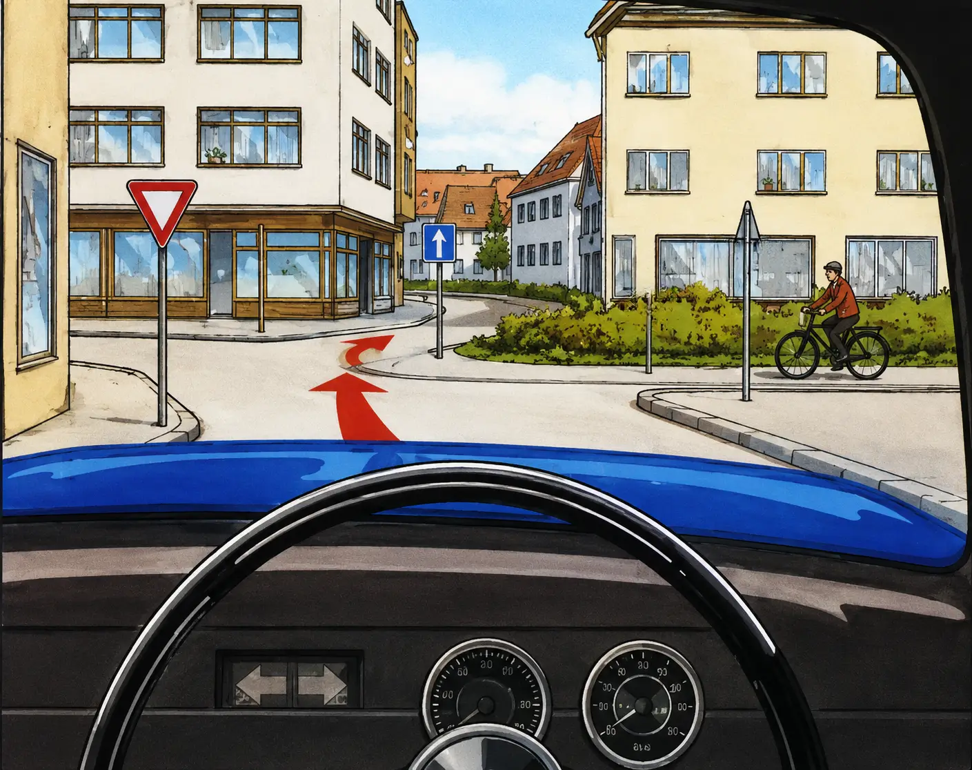 Driver's view approaching a yield sign at a junction with a cyclist on the right turning to his left
